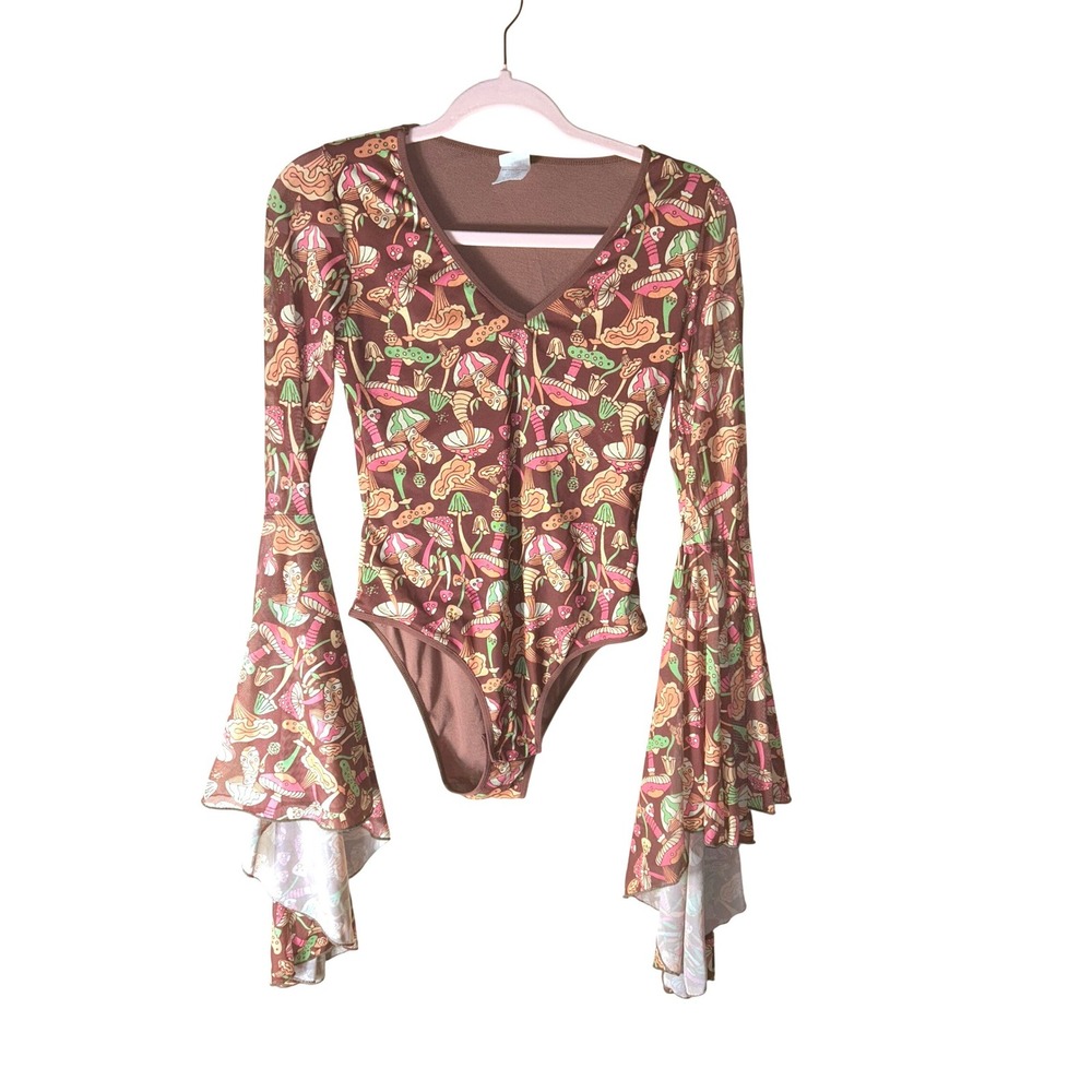 Spirit Halloween Mushroom Print Bodysuit Brown V-Neck Bell Sleeve Festival Sz M